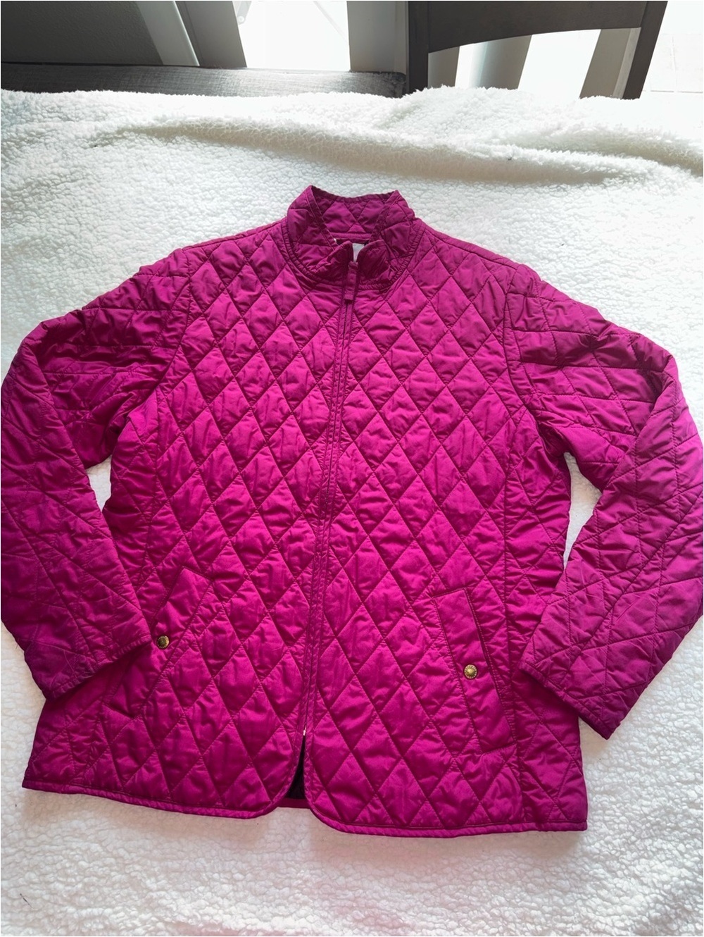 Lands' End Women Medium Petite M/P Quilted Jacket Magenta Pink Plaid Lined 10-12